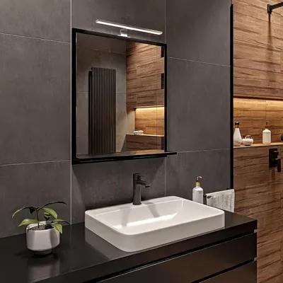 Produktbild von LED-Badspiegel mit Ablage 60x70 cm Schwarz – Badezimmerspiegel Wandspiegel