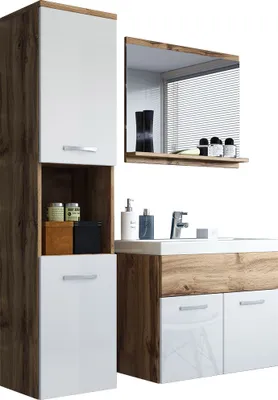 Produktbild von MIRJAN24 Badmöbel-Set Montreal, Badezimmer-Set mit Spiegel und Waschbecken (Farbe: Wotan / Weiß Hochglanz, mit Siphon)