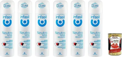 Produktbild von Infasil Deo-Spray, neutral, extra sanft, Anti-Flecken-Formel ohne Aluminiumsalze, wirksam bis zu 24 Stunden, 6x 150 ml + Italian Gourmet polpa 400g