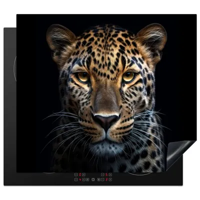 Produktbild von KitchenYeah© Herdabdeckplatte Tiere - Leopard - Porträt - Schwarz , 60x52cm, Küche Deko, Glaskeramikkochfeld Herdabdeckung, Abdeckplatte fùr Kochfeld