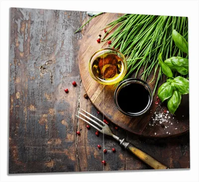 Produktbild von Wallario Herdabdeckplatte aus Glas, Größe 60 x 52 cm 2-teilig, Motiv Kräuter, Öle und Gewürze auf einem Holzbrett