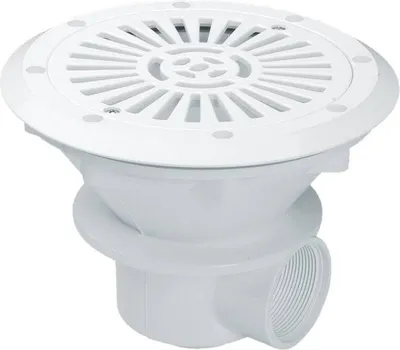 A white plastic drain fitting for a pool or similar application, shown against a white background.