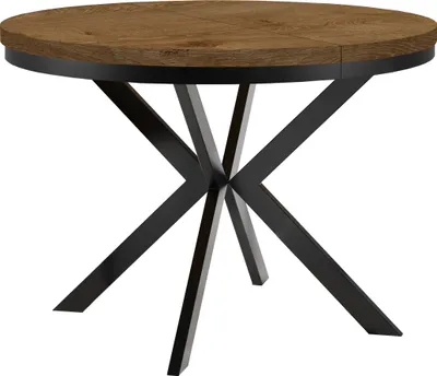 Image de Table ronde à rallonges pour salle à manger ENDIK avec piétement à anneaux et pieds en métal, diamètre : 110 / 160 cm, couleur : chêne Lefkas / noir