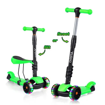 Produktbild von Yoleo 3-in-1 Kinder Roller Scooter mit Abnehmbarem Sitz, LED große Räder, Höheverstellbaren Lenker für Kleinkinder Jungen Mädchen ab 2 Jahre (Grün)