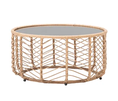 Produktbild von Dehner Kaffeetisch Venezia, Beistelltisch Outdoor / Indoor, ca. Ø 77 cm, Höhe 40 cm, Aluminium / Glas / Korbgeflecht, natur / grau / schwarz