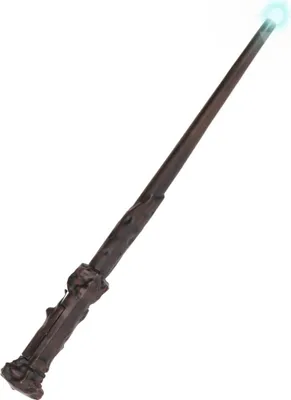 A brown wizard wand with a glowing blue tip, isolated on a white background.
