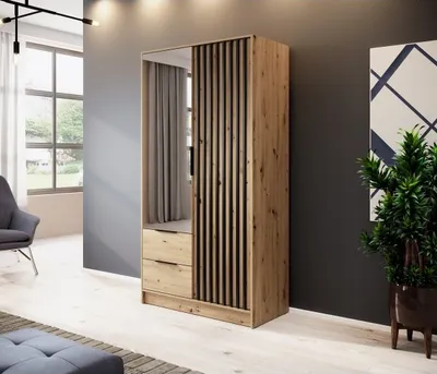 Produktbild von Zweitüriger Kleiderschrank NELA mit Lamellen 105 cm mit Spiegel, Artisan Eiche / Artisan Eiche + Schwarz