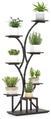 Immagine prodotto di Scaffale per piante con lampada da coltivazione - Scaffale in metallo a 8 ripiani - Scaffale per fiori da interno - Per soggiorno e balcone - Da montare - Marrone