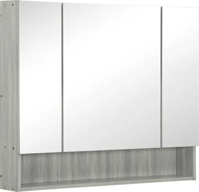 Produktbild von kleankin 4-teiliger Spiegelschrank mit verstellbaren Regalen, Badezimmerspiegel aus Holz und Glas, 90x15x75 cm, grau