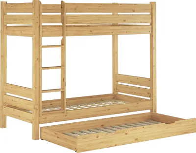 A wooden bunk bed with a pull-out trundle bed.