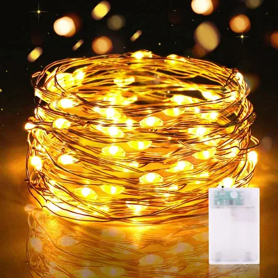 Image de Guirlande lumineuse à piles avec minuterie, 5 mètres, 50 LED blanc chaud, idéale pour la décoration