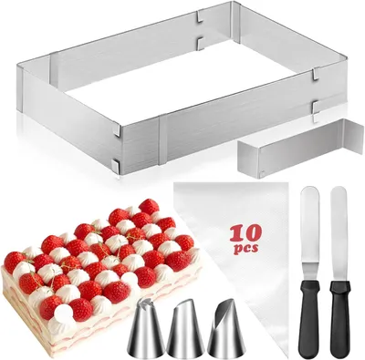 Produktbild von Verstellbarer rechteckiger Backrahmen, Edelstahl, mit Trenner, Spatel & Spritztüten, spülmaschinengeeignet, für Kuchen, Mousse & Cheesecake