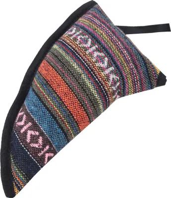 A close-up, isolated shot of a colorful, woven ocarina case.