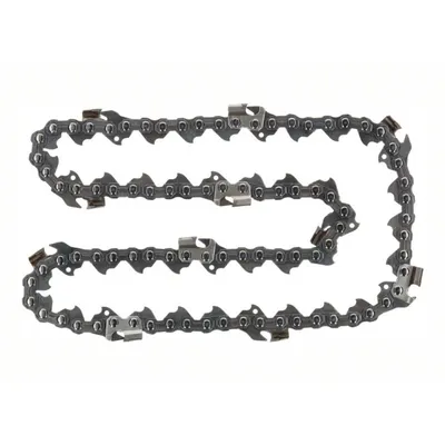 A close-up, studio shot of a chainsaw chain against a white background.