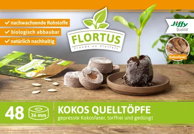 Produktbild von Kokos Quelltöpfe 36 mm | Kokos Quelltöpfe von FLORTUS, Menge (Stück):48 Stück