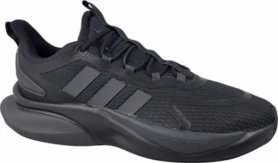 A black Adidas Alphabounce+ men's sports shoe is shown against a white background.