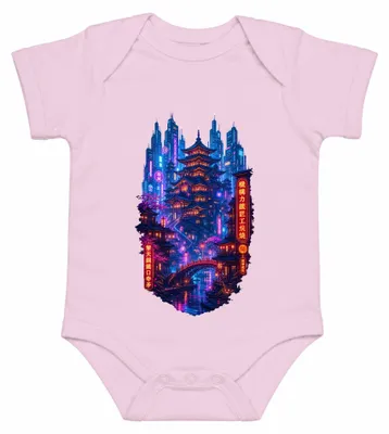 Productafbeelding van Cyberpunk Japan, pagode, neonstad, sakura, futurisme, anime, Y2K, Tokyo. Babybody, roze, maat 3/6