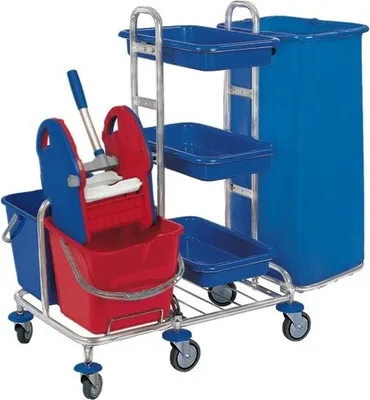 Produktbild von CleanSV® Reinigungswagen SpMin3 chrom  mit Müllsackhalter, 3 Ablagen PE, Presse, 2 x 20 Liter Eimer, 6 Räder, Gr. 103 x 680 x 106 cm