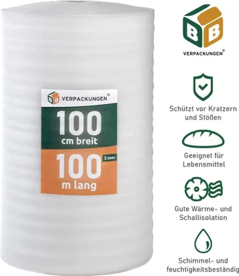 Produktbild von Trittschalldämmung (100 m²) multifunktionale PE-Schaumfolie 3mm für diverse Fußböden und Warmwasserfußbodenheizung Polster BB-Verpackungen