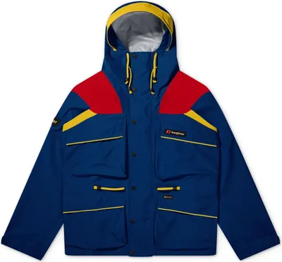 Wasserdichte Trango Gore-Tex Jacke von Berghaus in Blau mit roten und gelben Akzenten; ausgestattet mit mehreren Taschen.