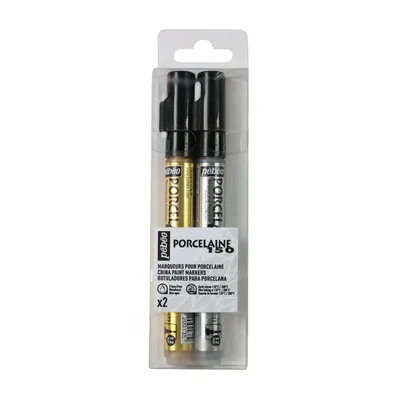 Produktbild von Pebeo Porcelaine 150 Rundspitzenmarker, 1,2 mm, Etui Gold + Silber