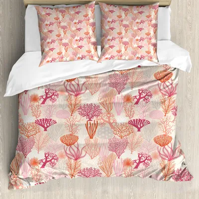 Produktbild von ABAKUHAUS Koralle Bettbezug Set, Verschiedene Korallenformationen Unterwasser Thema Unterwasserwelt Meerespflanzen Retro-Stil, 200 x 200 cm + 80 x 80 cm, Mehrfarbig