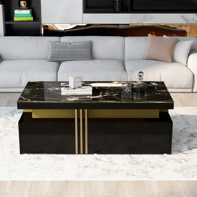 Produktbild von Couchtisch mit 2 Schubladen, Tischplatte in Marmoroptik, 100/50/40 cm, Sofatische, Wohnzimmertisch, Beistelltisch, Kaffeetisch