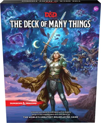 The image shows the box art for the Dungeons & Dragons "The Deck of Many Things" supplement and card deck.