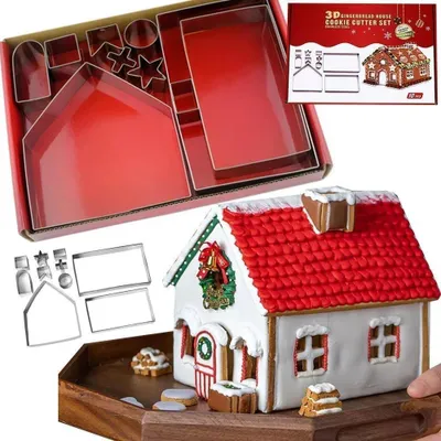 Zdjęcie produktu dla Forma wykrawacz do pieczenia domek chatka 3D foremki do piernika zestaw 10 elementów świąteczne ciasteczka metalowe