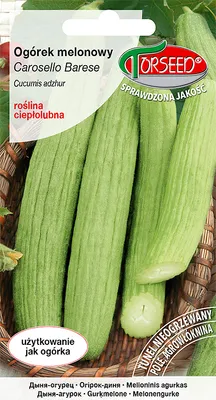 A seed packet for Carosello Barese melon cucumber, showing images of the produce and brand logo.