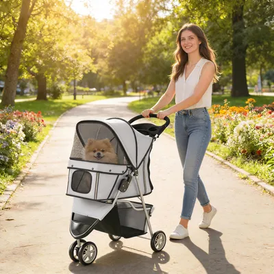 Produktbild von Hundebuggy für kleine Hunde, faltbarer Hundewagen, Oxford-Stoff & Stahlrahmen, Grau | 77 x 44 x 102 cm | bis 10 kg | verstellbares Verdeck