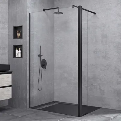 Produktbild von doporro Duschwand 90x200cm Walk-In mit 30cm Nebenteil, 10mm Duschabtrennung schwarz Bremen mit rundem Stabilisator, aus Echtglas ESG-Sicherheitsglas