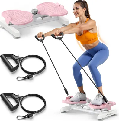 Image de Plateau de torsion MERACH, Twist Board avec 2 cordes élastiques 2×10kg, tonifie corps et abdos, compact, charge 136kg, rose