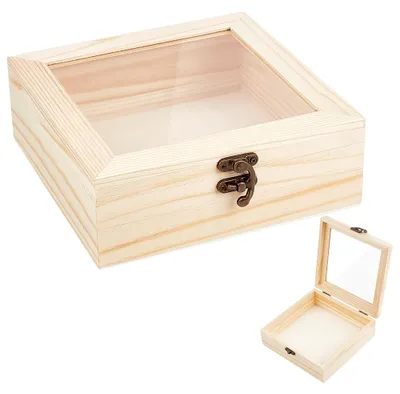 Holz-Aufbewahrungsbox mit Glasfenster, 18x18x6,5 cm
