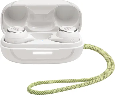 A pair of white JBL wireless earbuds with their charging case open, resting on a white background. A green braided lanyard is attached to the charging case.