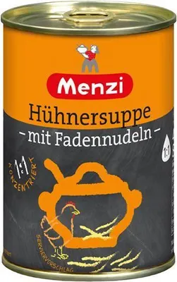Produktbild von Menzi Hühner Suppe mit Fadennudeln 400 Ml Dose  Leicht würziger Geschmack Konzentriert Ohne geschmacksverstärkende Zusatzstoffe