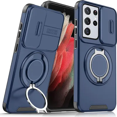 Obrázek produktu pro Dvouvrstvé pouzdro pro Samsung Galaxy S21 Ultra 5G, s posuvným krytem fotoaparátu a magnetickým kroužkovým stojánkem Modrý