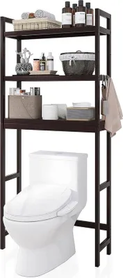 Produktbild von Badezimmeregal aus Bambus dunkelbraun über WC mit verstellbaren Ablagen