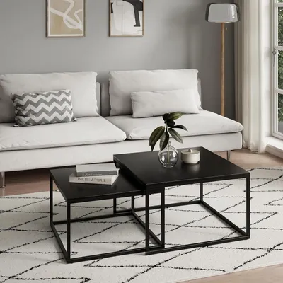 Produktbild von Couchtisch 2er Set aus Holz Wohnzimmertisch Modern, Beistelltisch Set 2 in 1 mit Metallgestell für Wohnzimmer, quadratisch, schwarz