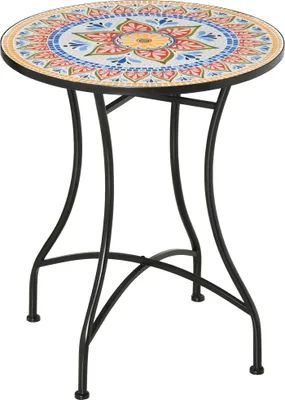 Produktbild von Outsunny zahradní stůl mozaikový stůl kulatý bistro stůl boční stůl s mozaikovou deskou keramický kov červený + modrý + bílý Ø60 cm