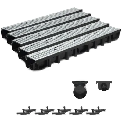Produktbild von SPEEDPLANT Entwässerungsrinne A15 mit Stahlrost – 5 m Bodenrinne, 1,5 t Belastbarkeit, Tiefe 98 mm, inkl. Zubehör