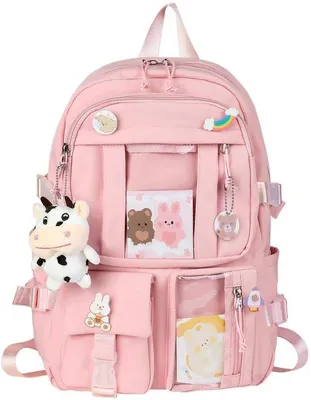 Produktbild von Rosa Schulranzen mit Plüschspielzeug und Cartoonkarte