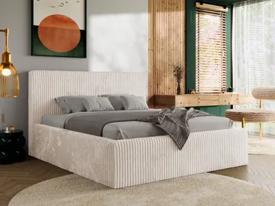A bedroom scene with a bed as the main focus, decorated in a modern style.