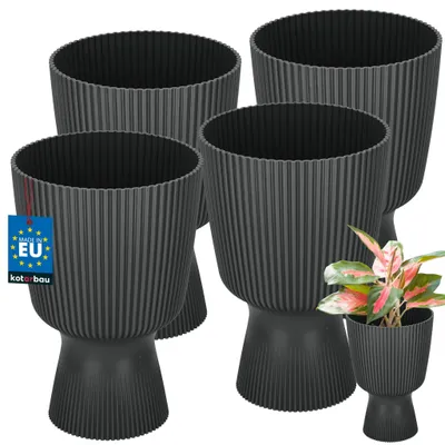Produktbild von KOTARBAU® 4er Set Blumentopf ⌀ 14cm Orchideentopf Übertopf für Zimmerpflanzen Pflanzentopf mit Sockel Geriffelt Kelchform Kunststoff Pflanzkübel Schwarz