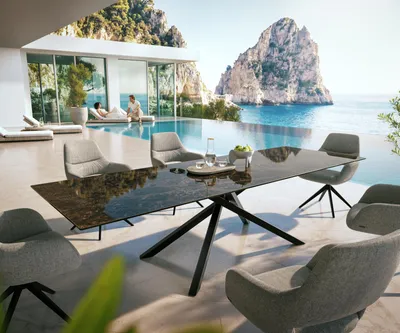 Produktbild von DELIFE Outdoortisch Edge 300x100 cm Keramik Emperador Extra Lucidato Dunkelbraun Kreuzgestell Rechteck Schwarz