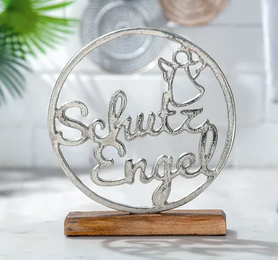 Produktbild von GILDE Standrelief, rund, "Schutzengel", Engelmotiv, Schriftzug, Aluminium, Mangoholz, silberfarben, , L. 5 cm, B. 22 cm, H. 25 cm 48229