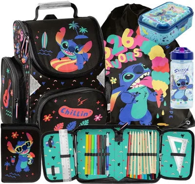 Image de Ensemble de 5 pièces Lilo et Stitch Sac à dos Trousse Sac de sport Gourde Boîte à lunch Sac d'école Sac à dos pour filles