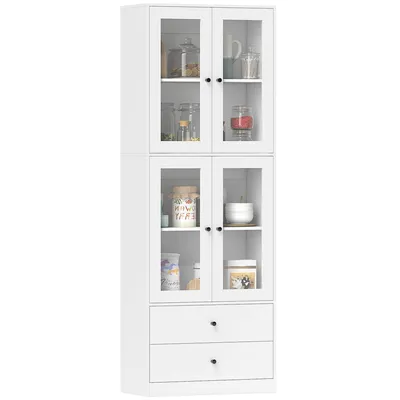A white kitchen cabinet with glass doors and drawers, filled with various jars and containers.