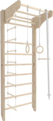 A wooden climbing wall with various attachments for children's play and exercise.