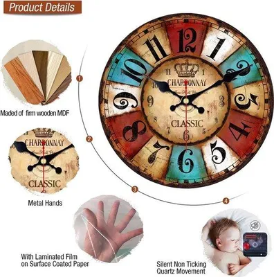 Produktbild von 14 Zoll stille Wanduhr batteriebetrieben nicht-tickende Uhr, vintage Holz Wanduhr für Küche Heimstube, Wanddekoration, Retro Wanduhr für Badezimmer Wohnzimmer - farbenfrohe arabische Ziffern Uhr